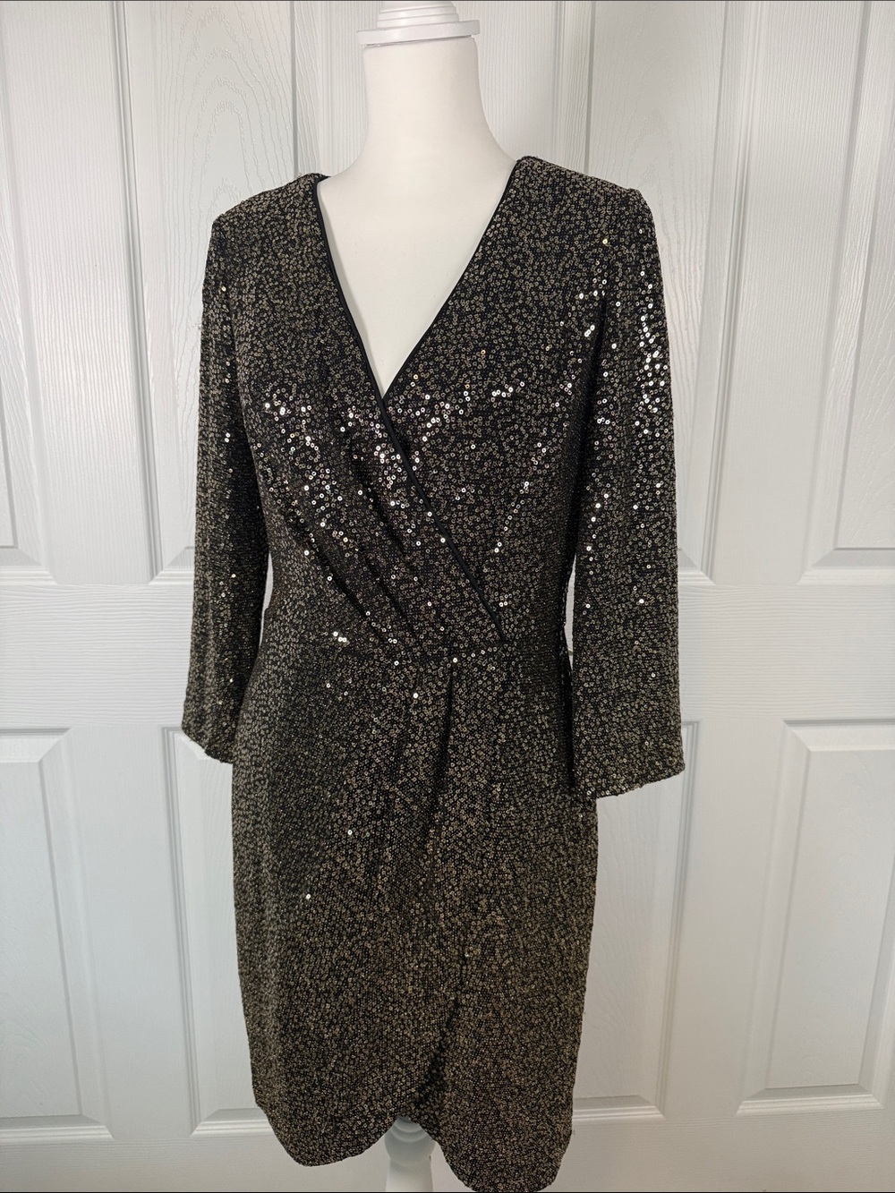 Eliza J Metallic Sequin Faux Wrap Dress 3/4 Sleeve Homecoming Wedding Y2K